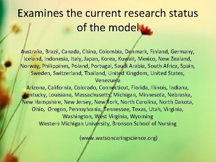 Examines the current research status of the model Australia, Brazil, Canada, China, Colombia, Denmark,