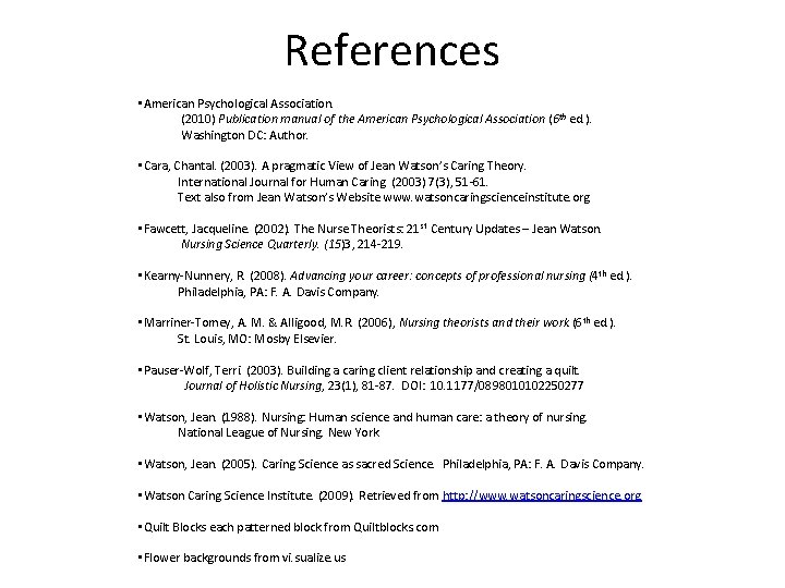 References • American Psychological Association. (2010) Publication manual of the American Psychological Association (6