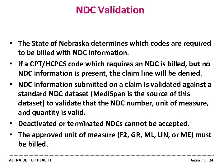 NDC Validation • The State of Nebraska determines which codes are required to be