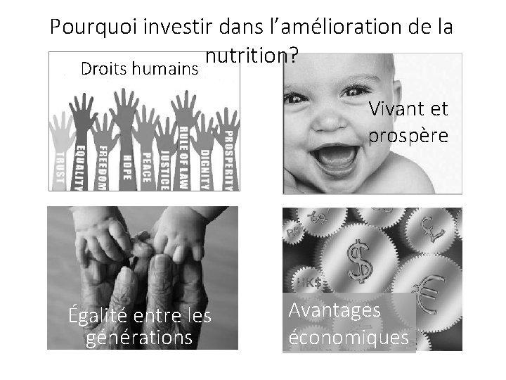 Pourquoi investir dans l’amélioration de la nutrition? Droits humains Vivant et prospère Égalité entre