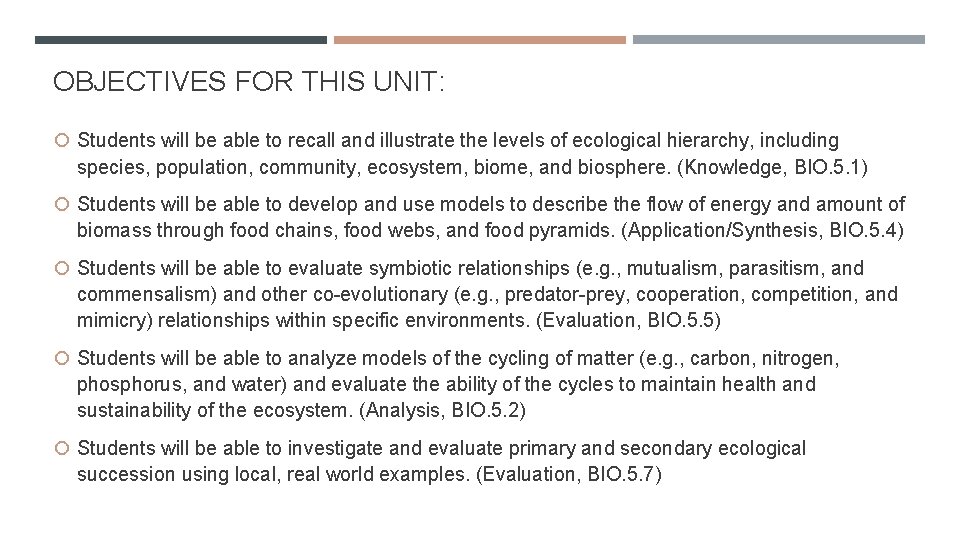 OBJECTIVES FOR THIS UNIT: Students will be able to recall and illustrate the levels