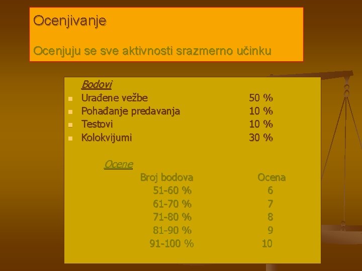 Ocenjivanje Ocenjuju se sve aktivnosti srazmerno učinku Bodovi n n Urađene vežbe Pohađanje predavanja