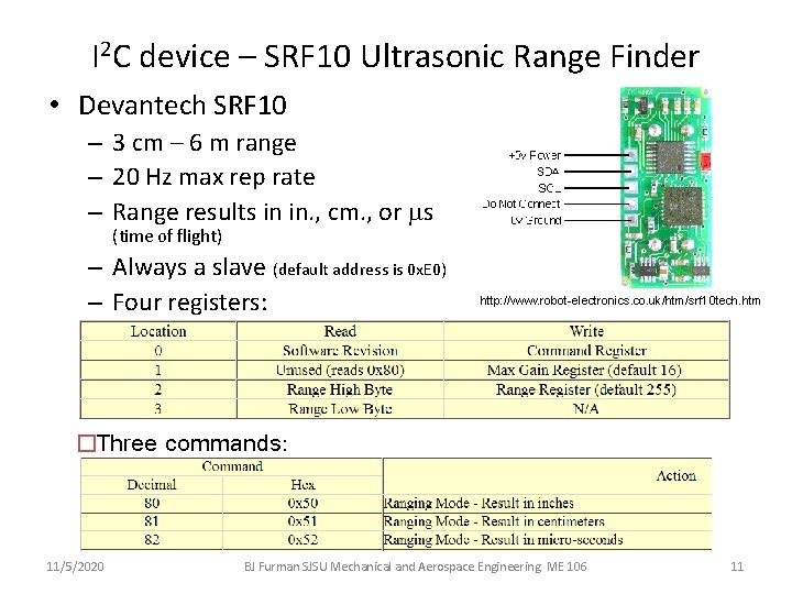 I 2 C device – SRF 10 Ultrasonic Range Finder • Devantech SRF 10