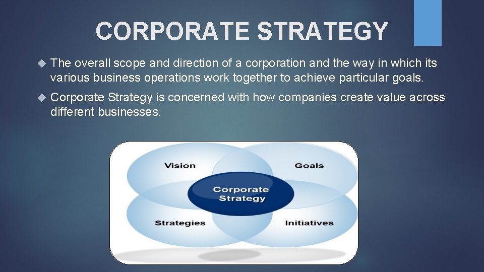 CORPORATE STRATEGY The overall scope and direction of a corporation and the way in