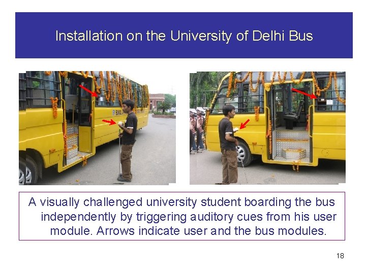 Installation on the University of Delhi Bus A visually challenged university student boarding the