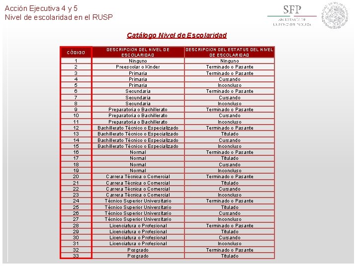 Acción Ejecutiva 4 y 5 Nivel de escolaridad en el RUSP Catálogo Nivel de