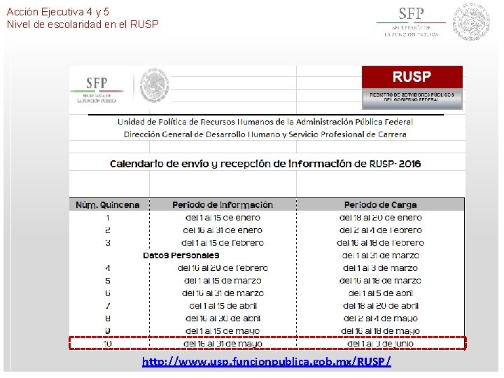 Acción Ejecutiva 4 y 5 Nivel de escolaridad en el RUSP http: //www. usp.