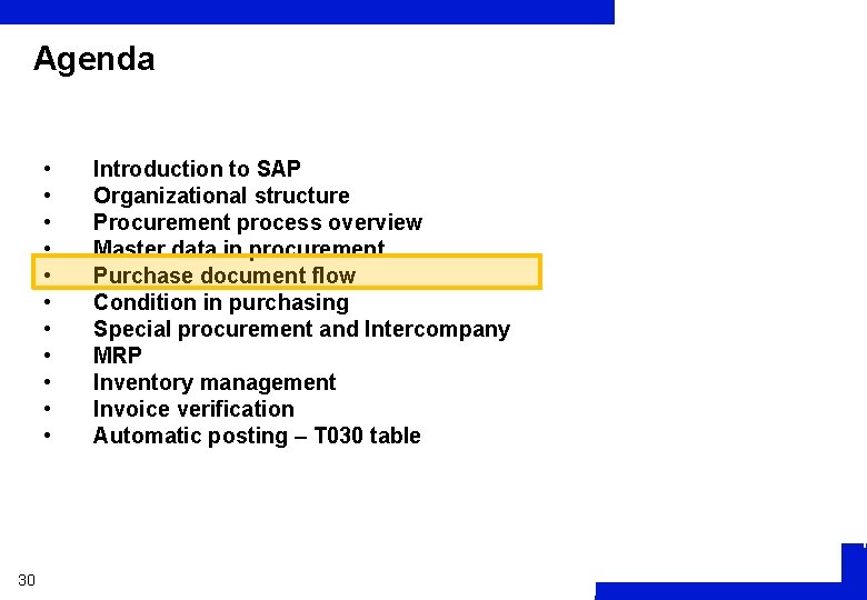 Agenda • • • 30 Introduction to SAP Organizational structure Procurement process overview Master