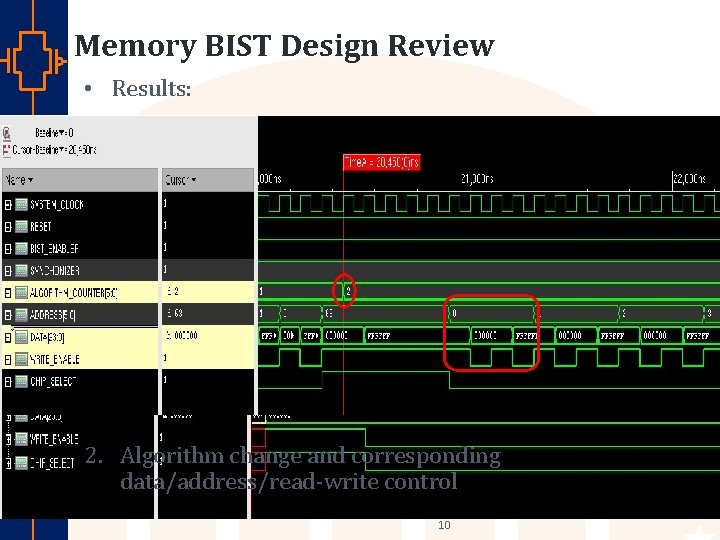 Memory BIST Design Review • Results: 1. Synchronization & address/data/control signal generation. st Robu