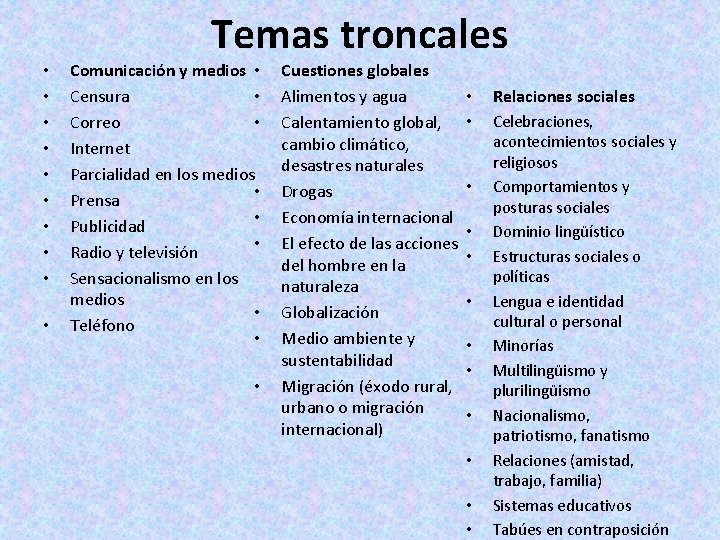 Temas troncales • • • Comunicación y medios • Censura • Correo • Internet