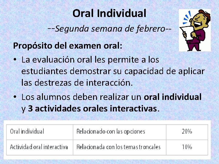 Oral Individual --Segunda semana de febrero-- Propósito del examen oral: • La evaluación oral