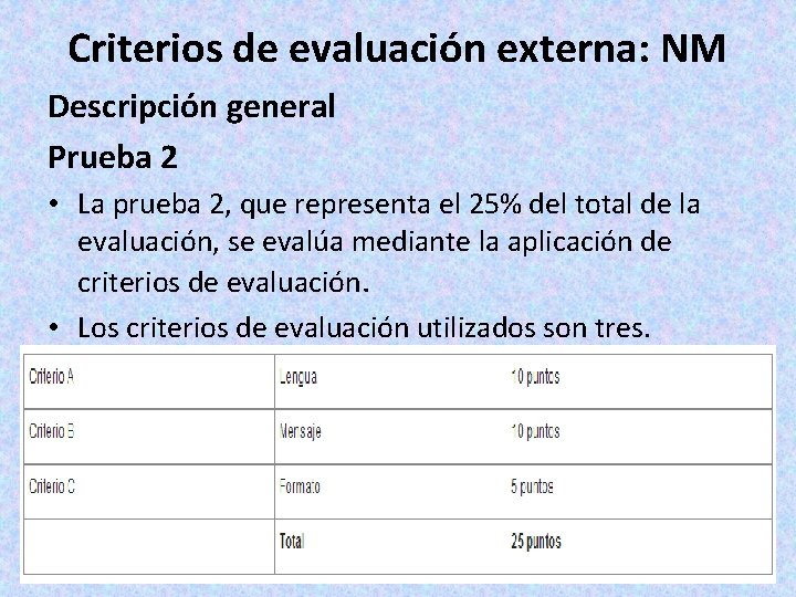 Criterios de evaluación externa: NM Descripción general Prueba 2 • La prueba 2, que