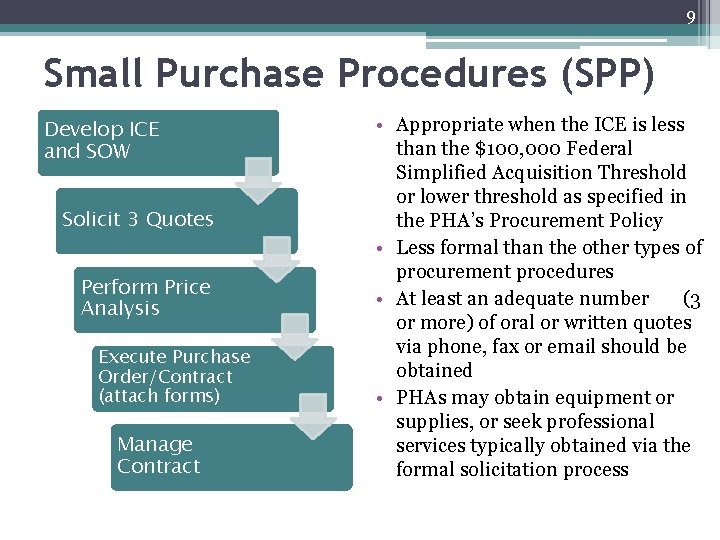 9 Small Purchase Procedures (SPP) Develop ICE and SOW Solicit 3 Quotes Perform Price