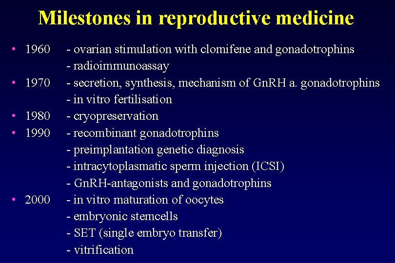 Milestones in reproductive medicine • 1960 • 1970 • 1980 • 1990 • 2000