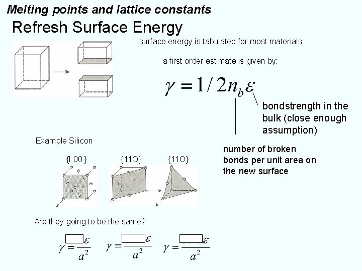 Melting points and lattice constants Refresh Surface Energy surface energy is tabulated for most