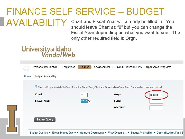 FINANCE SELF SERVICE – BUDGET and Fiscal Year will already be filled in. You