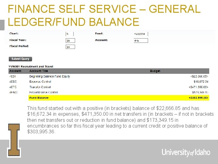 FINANCE SELF SERVICE – GENERAL LEDGER/FUND BALANCE This fund started out with a positive