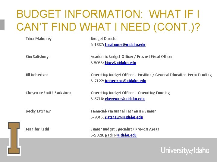 BUDGET INFORMATION: WHAT IF I CAN’T FIND WHAT I NEED (CONT. )? Trina Mahoney