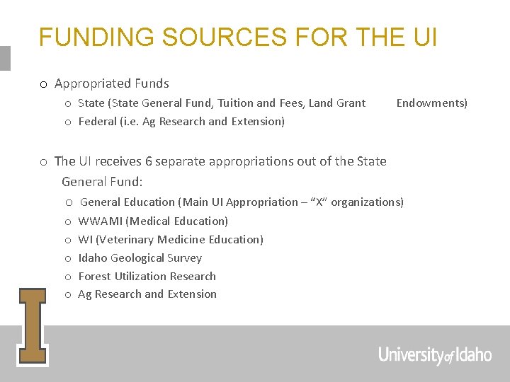 FUNDING SOURCES FOR THE UI o Appropriated Funds o State (State General Fund, Tuition