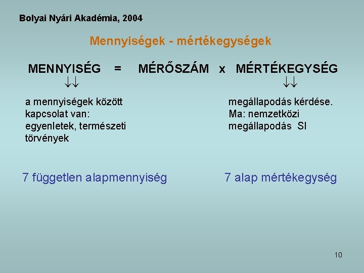 Bolyai Nyári Akadémia, 2004 Mennyiségek - mértékegységek MENNYISÉG = MÉRŐSZÁM x MÉRTÉKEGYSÉG a mennyiségek