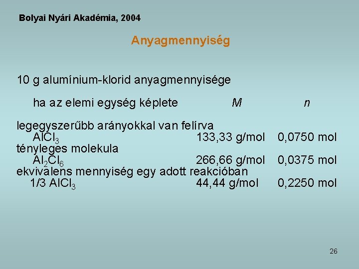 Bolyai Nyári Akadémia, 2004 Anyagmennyiség 10 g alumínium-klorid anyagmennyisége ha az elemi egység képlete