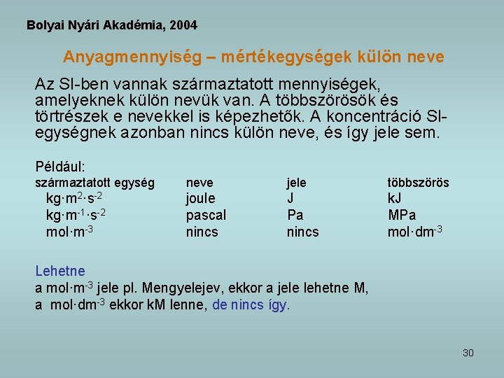 Bolyai Nyári Akadémia, 2004 Anyagmennyiség – mértékegységek külön neve Az SI-ben vannak származtatott mennyiségek,