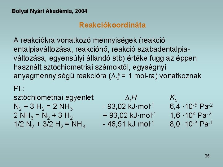 Bolyai Nyári Akadémia, 2004 Reakciókoordináta A reakciókra vonatkozó mennyiségek (reakció entalpiaváltozása, reakcióhő, reakció szabadentalpiaváltozása,
