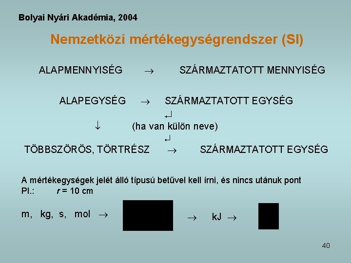 Bolyai Nyári Akadémia, 2004 Nemzetközi mértékegységrendszer (SI) ALAPMENNYISÉG ALAPEGYSÉG SZÁRMAZTATOTT MENNYISÉG SZÁRMAZTATOTT EGYSÉG (ha