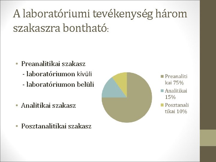 A laboratóriumi tevékenység három szakaszra bontható: • Preanalitikai szakasz - laboratóriumon kívüli - laboratóriumon A laboratóriumi tevékenység három szakaszra bontható: • Preanalitikai szakasz - laboratóriumon kívüli - laboratóriumon