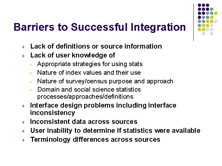 Barriers to Successful Integration Lack of definitions or source information Lack of user knowledge