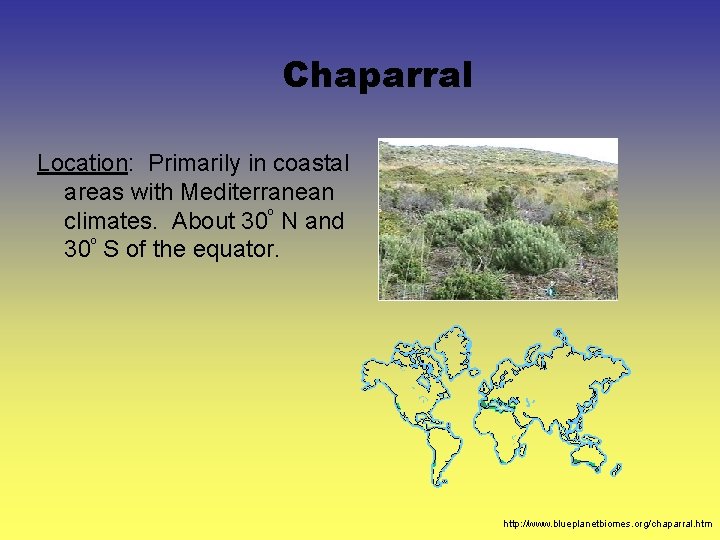 Chaparral Location: Primarily in coastal areas with Mediterranean climates. About 30º N and 30º