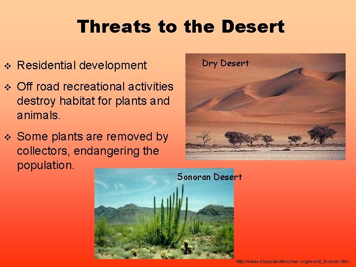 Threats to the Desert v Residential development v Off road recreational activities destroy habitat