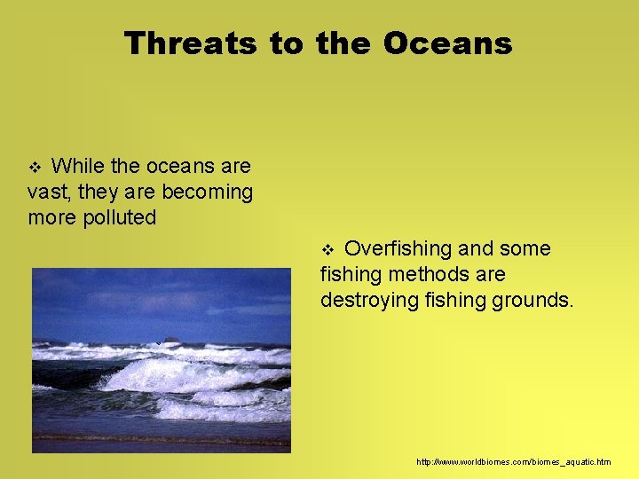 Threats to the Oceans While the oceans are vast, they are becoming more polluted