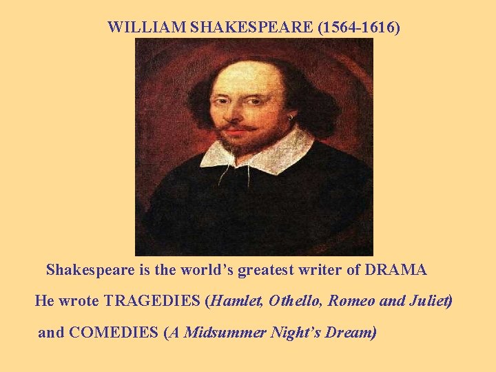 WILLIAM SHAKESPEARE (1564 -1616) Shakespeare is the world’s greatest writer of DRAMA He wrote