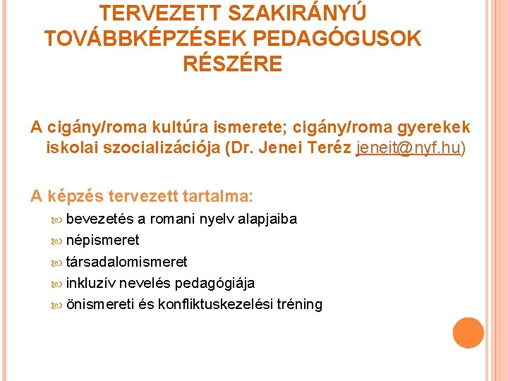 TERVEZETT SZAKIRÁNYÚ TOVÁBBKÉPZÉSEK PEDAGÓGUSOK RÉSZÉRE A cigány/roma kultúra ismerete; cigány/roma gyerekek iskolai szocializációja (Dr.