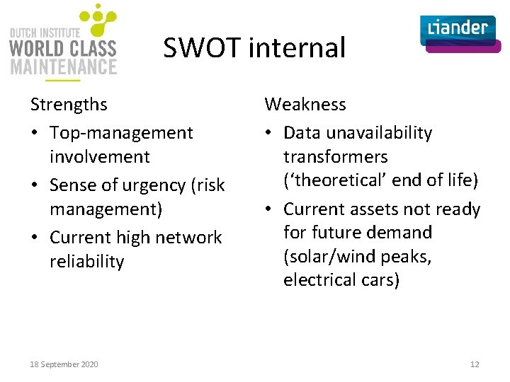 SWOT internal Strengths • Top-management involvement • Sense of urgency (risk management) • Current