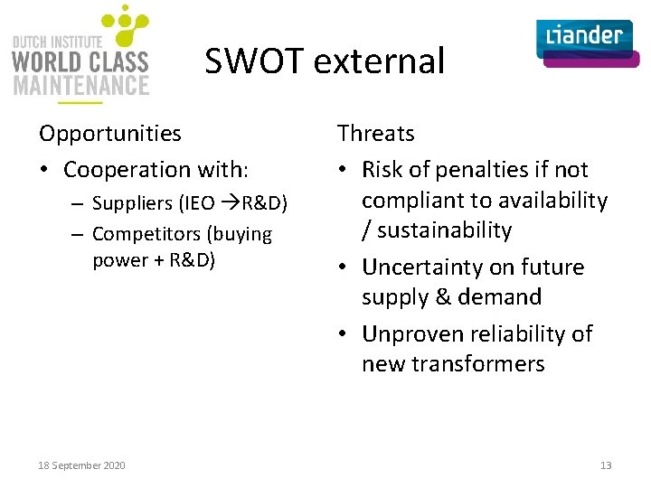 SWOT external Opportunities • Cooperation with: – Suppliers (IEO R&D) – Competitors (buying power