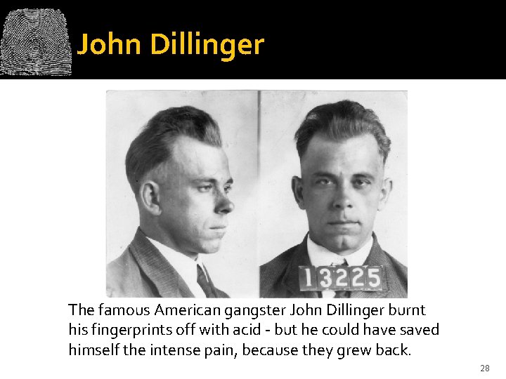 John Dillinger The famous American gangster John Dillinger burnt his fingerprints off with acid