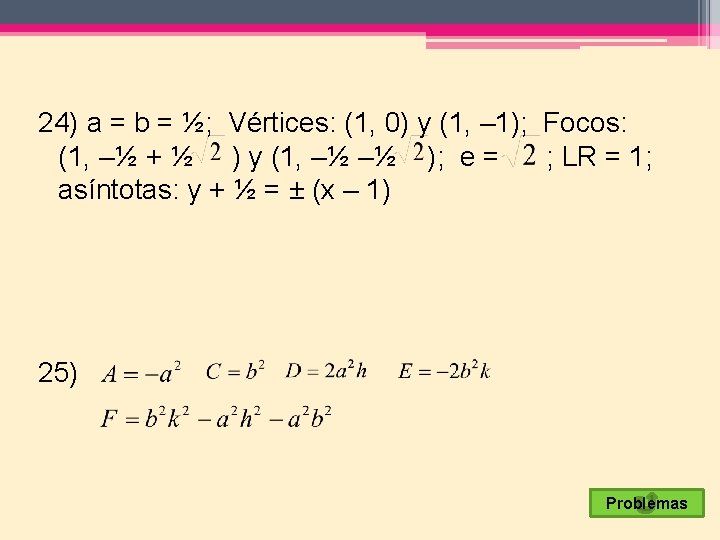 24) a = b = ½; Vértices: (1, 0) y (1, – 1); Focos: