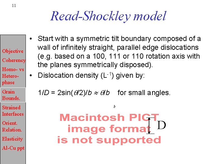 11 Read-Shockley model Objective Coherency Homo- vs Heterophase Grain Bounds. Strained Interfaces Orient. Relation.