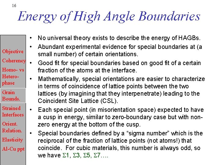 16 Energy of High Angle Boundaries Objective Coherency Homo- vs Heterophase Grain Bounds. Strained