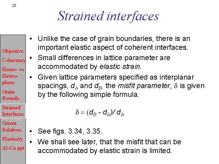 20 Strained interfaces Objective Coherency Homo- vs Heterophase Grain Bounds. Strained Interfaces Orient. Relation.