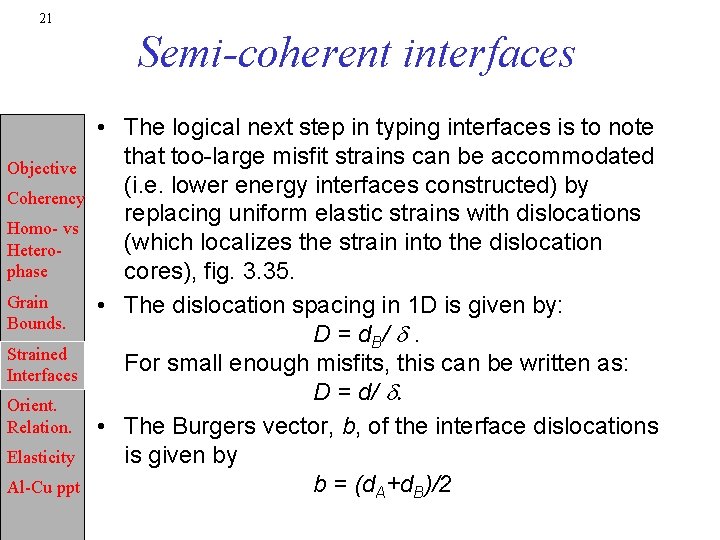 21 Semi-coherent interfaces Objective Coherency Homo- vs Heterophase Grain Bounds. Strained Interfaces Orient. Relation.