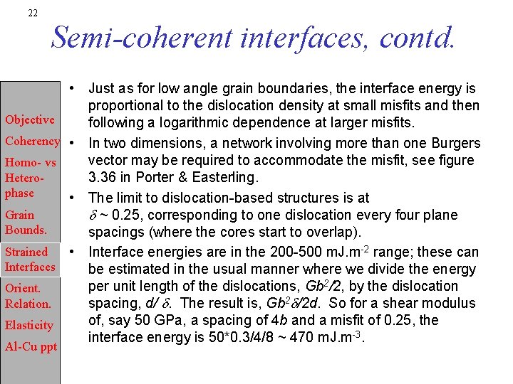 22 Semi-coherent interfaces, contd. Objective Coherency Homo- vs Heterophase Grain Bounds. Strained Interfaces Orient.