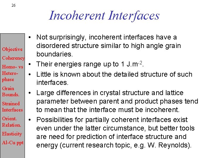 26 Incoherent Interfaces Objective Coherency Homo- vs Heterophase Grain Bounds. Strained Interfaces Orient. Relation.