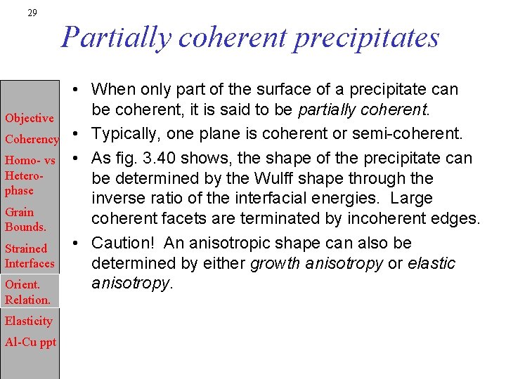 29 Partially coherent precipitates Objective Coherency Homo- vs Heterophase Grain Bounds. Strained Interfaces Orient.