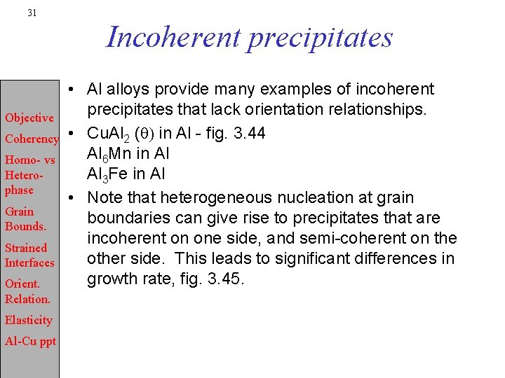 31 Incoherent precipitates Objective Coherency Homo- vs Heterophase Grain Bounds. Strained Interfaces Orient. Relation.