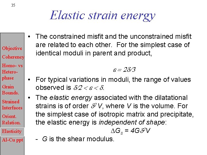 35 Elastic strain energy Objective Coherency Homo- vs Heterophase Grain Bounds. Strained Interfaces Orient.