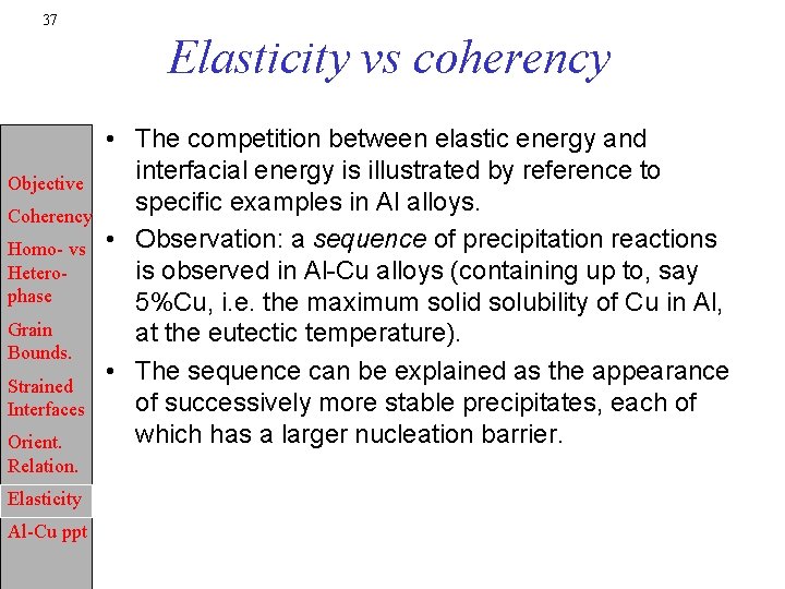 37 Elasticity vs coherency Objective Coherency Homo- vs Heterophase Grain Bounds. Strained Interfaces Orient.