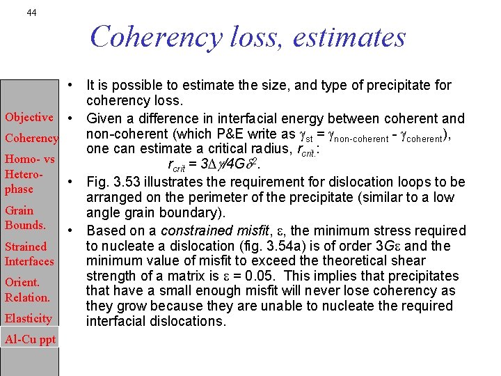 44 Coherency loss, estimates Objective Coherency Homo- vs Heterophase Grain Bounds. Strained Interfaces Orient.